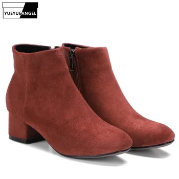 

Womens Round Toe Zipper Faux Suede Ankle Boots Autumn Female Warm Fleece Casual Shoes Scarpe Donna Bottine Femme Zapatos Black