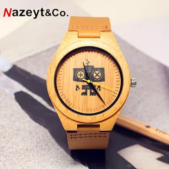 

HOTIME B14 Men's Design Brand Luxury Nature Bamboo Robot dial Watches With Real Leather Band Quartz wristwatch As Christmas OEM
