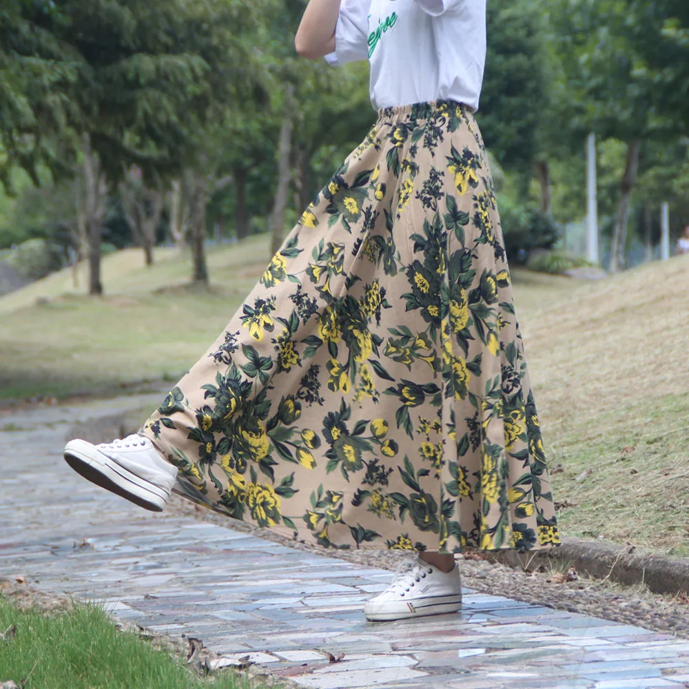 

2019 Spring Summer New Boho Women Skirts Cotton Linen Long Skirt Girls Printing Ethnic Style High Waist Skirt Womens W1672