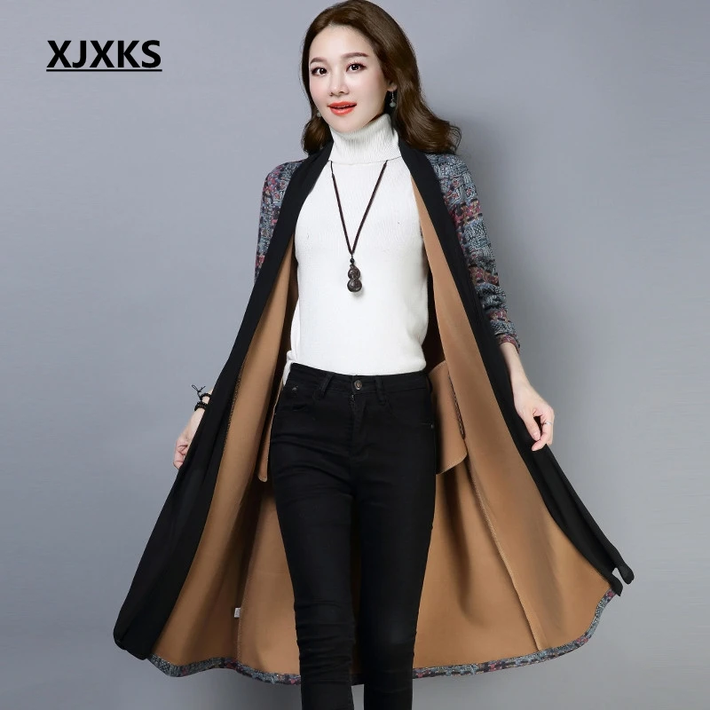 

XJXKS womens trench coats 2018 autumn women fashion clothing comfortable unique fabrics patchwork female print long coat