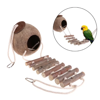 

1PC Bird Parrot Toy Nest Hut Cage Natural Coco Hideaway with Ladder W215