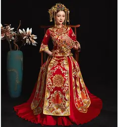 Красный особенная Мода китайский невеста, свадебное платье Золотое платье Ципао сучжоуская вышивка Женский Золотой Демисезонный Qipao S-XXL