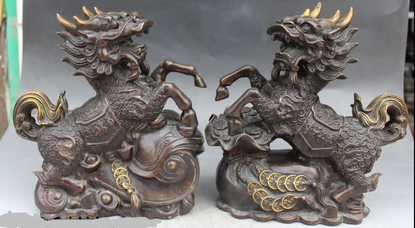

xd 001455 11" China Bronze Gilt Money Wealth Dragon Kylin Kylin Unicorn Pi Xiu Statue Pair