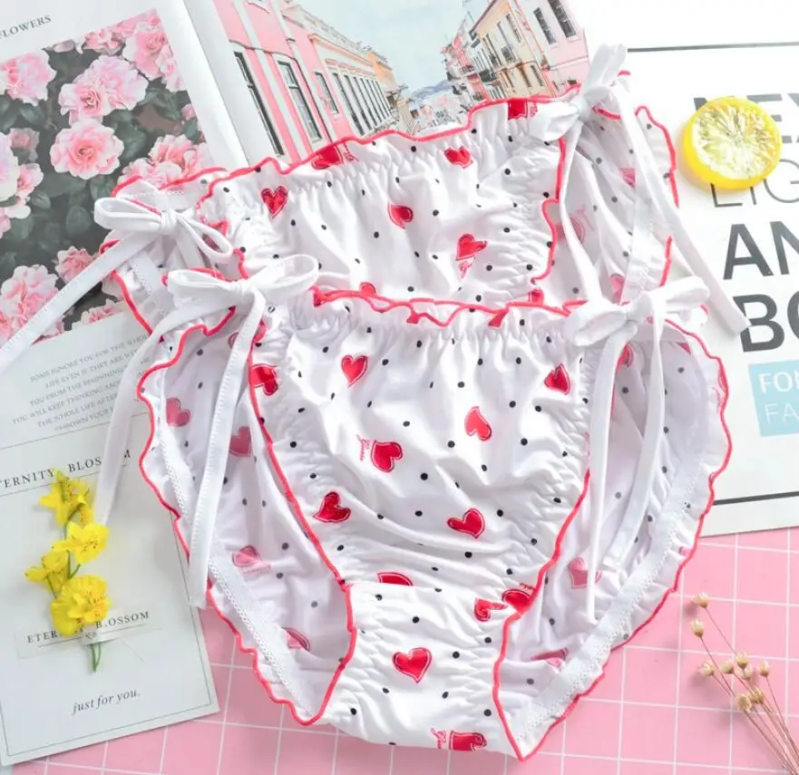 

2019 New 100% Real Photo M L XL Lovely Cute Lolita Kawaii Hot Side Tie Heart Ruffle Panties Underwear Brief Thong Lingerie 598