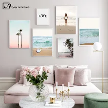 Verano decoración tropical foto escandinavo Ocean Beach, Palm árbol paisaje impreso cuadro sobre lienzo para pared decoración para el hogar