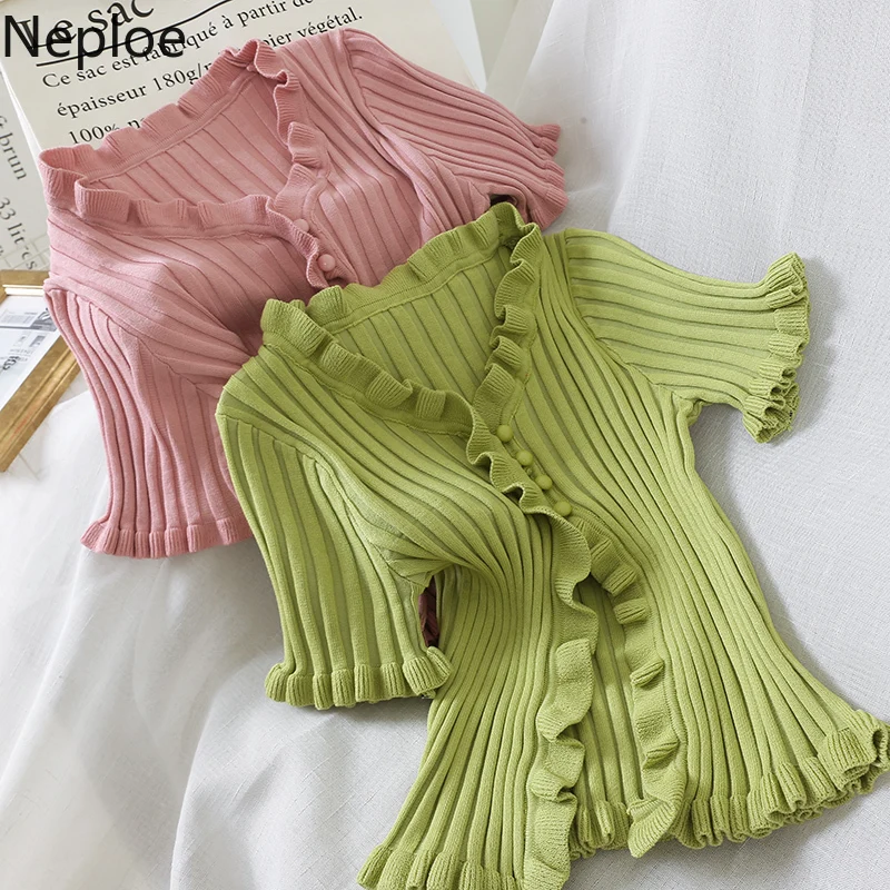 

Neploe Retro Fuguns Knitted Women T Shirts Summer 2019 New V-Neck Short Sleeve Tees Korean Single Breasted Ladies Tops 44780