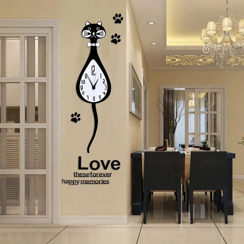 

Swingable Wall Clock Creative Cat Hanging Watch Silent Large Quzrtz Black Clocks 20CMx74CM Free Shipping
