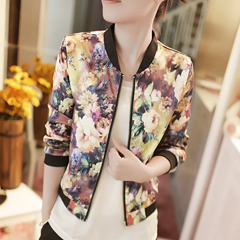 New Vintage Autumn Women Bomber Jacket Sweet Floral Long-sleeved Short Print Zipper Coats High Quality | Женская одежда
