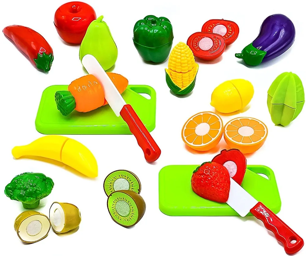 Juego De Cortar Comida De Plástico – 8 Piezas De Frutas Y Verduras Con Cuchillo Y Tabla, Juguete Educativo De Cocina Para Niños +3 Años