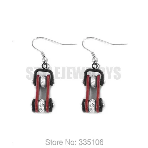 

Free Shipping! Red Black Bicycle Chain Biker Earrings 316L Stainless Steel Jewelry Rhinestone Motor Biker Earring SJE370122A