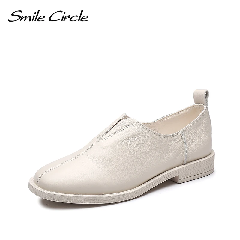 

smile circle Slip-On Genuine Leather flats Shoes women fashion shoes Simple 2019 spring new platform Square heel ladies shoes