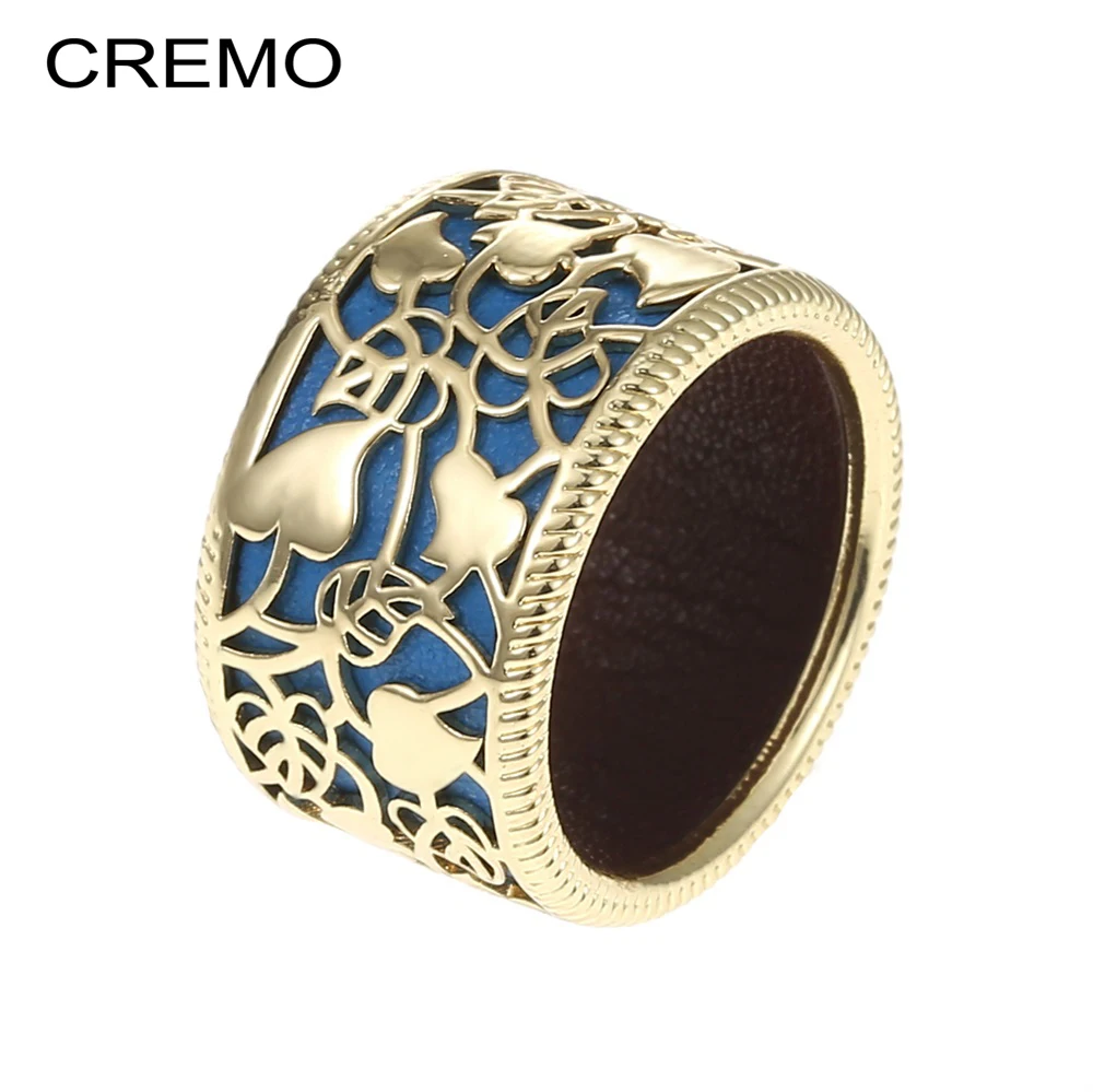 

Cremo Ring For Women Flower Hollowing craft Gold Color Fashion Leather Interchange Jewelry Friendship Gift