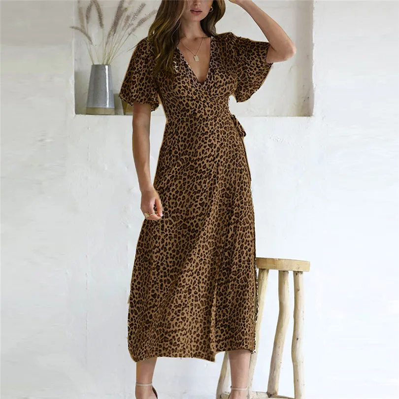 New Women Leopard Bohemian Long Dress 2019 Summer Sexy Deep V-neck Short Sleeve Long Maxi Party Beach Dress #E10 (9)