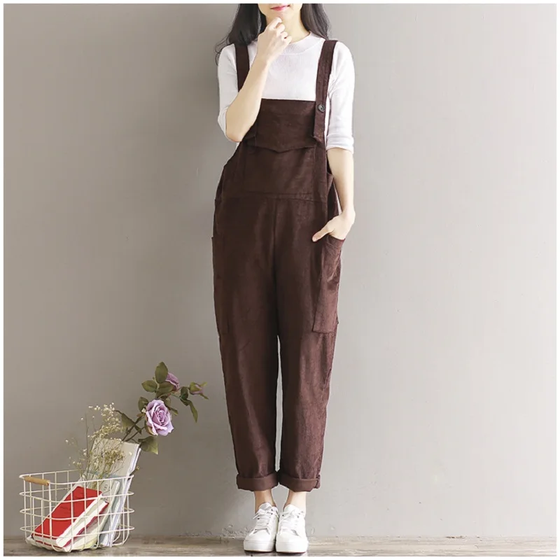 

Preppy Style Spring Autumn Women Solid Rompers Strap Backless Casual Loose Corduroy Trousers Fashion Wide Leg Pants Overalls M L