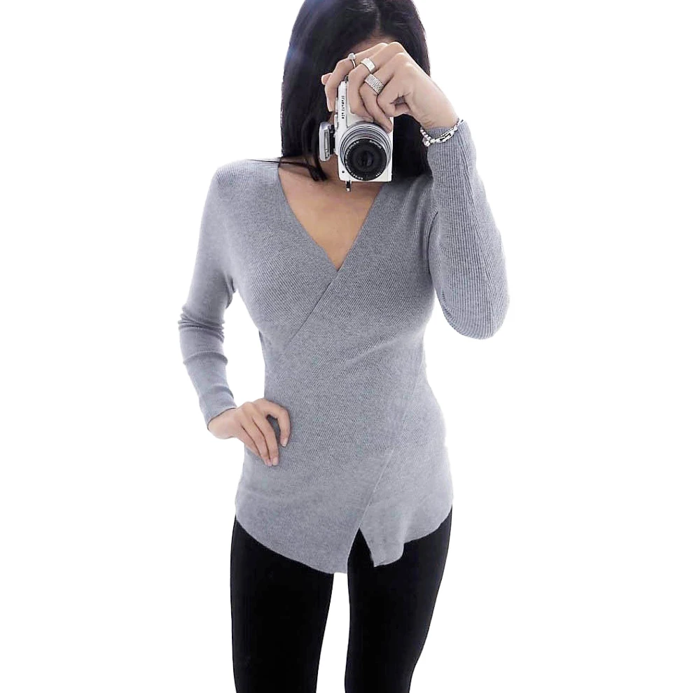 Women Fashion V Neck Front Criss Cross Sweater Ladies