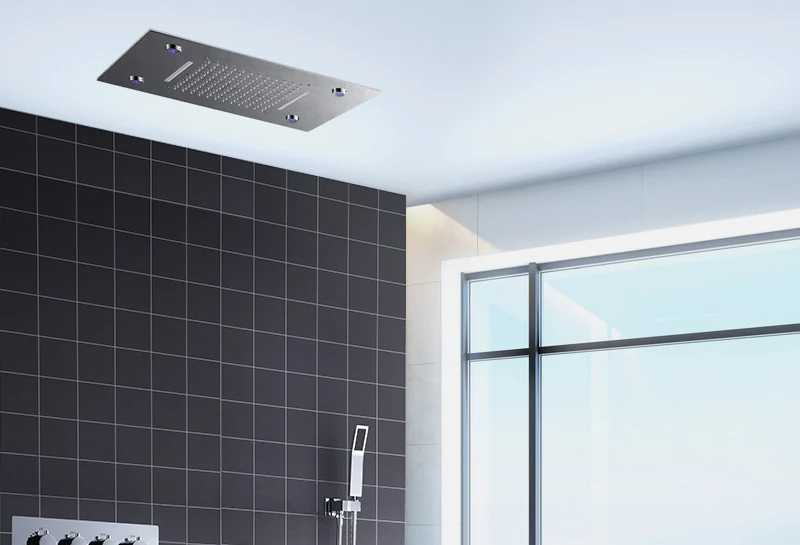 hm Shower System Double Waterfall Rainfall Large Ceiling LED Rain Shower Head Recessed Automatic Color Change Thermostatic Tap (1)