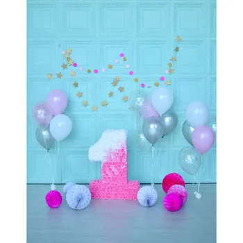 

Happy one year birthday party balloons blue wallpaper photography backdrops for baby party photo studio portrait backgrounds