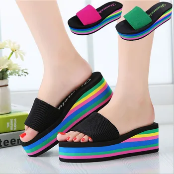 

Women slippers flat-bottomed shoes women thick rainbow sponge wedge heel shoes indoor and outdoor dual-purpose sandals