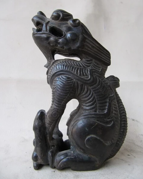 

song voge gem S0434 6"Tibetan fengshui pure bronze Carved Kylin Kirin Foo Dog Lion beast statue