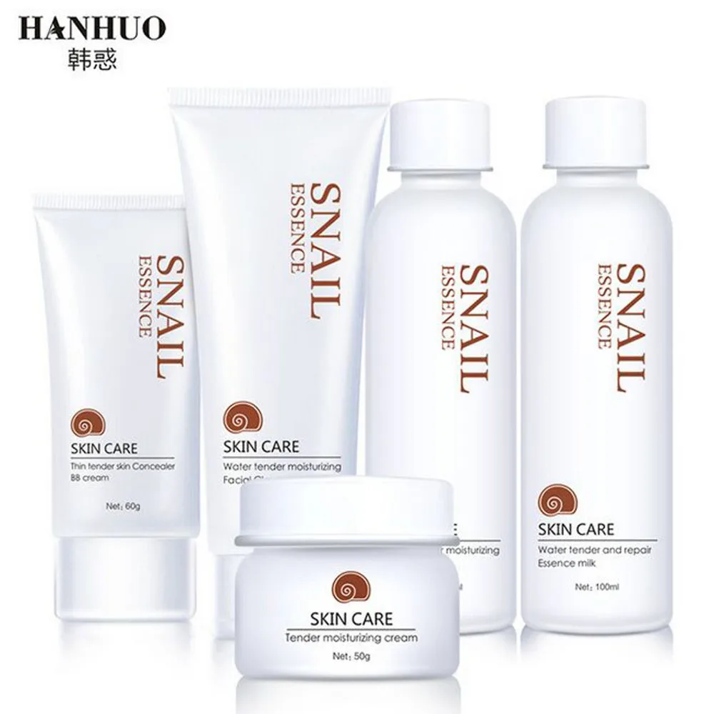 

Hanhuo 5pcs/Kit Snail Repair Essence Skin Care Set Hyaluronic Acid Facial Cleanser BB Whitening Moisturizing