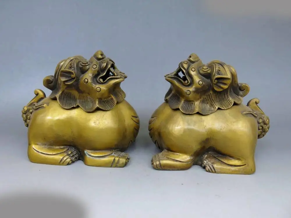 

DS China pure brass copper carved Foo Dogs Lion pair Incense burner censer Statue
