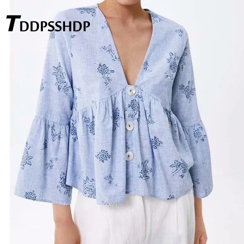 

Flower Printing Button Decor Frock Women Blouse Ruffles Deep V Neck 2019 New Elegant Female Blouses