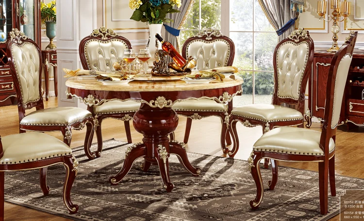 6 seater imported wooden round marble dining table and chairs set design - 6015