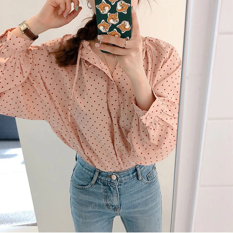 

Casual O-neck Puff-sleeve Polka Dot Women Shirts Fashion Loose Front Buttons Female Blouses Summer Blusas Tops Femininas 2019