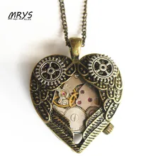 steampunk punk bronze heart mechanical watch movements gear necklace pendant chain men women boy girl vintage jewelry party gift