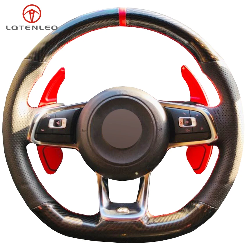 

LQTENLEO Carbon Fiber Black Leather Steering Wheel Cover For Volkswagen Golf 7 GTI Golf R MK7 Polo GTI Scirocco Tiguan R-Line