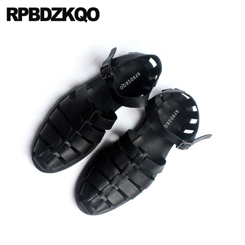 Обувь роскошь большой размер ремень Мужчины гладиаторские сандалии лето черный кожа высокое качество закрытый носок Римский 45 Runway Японский