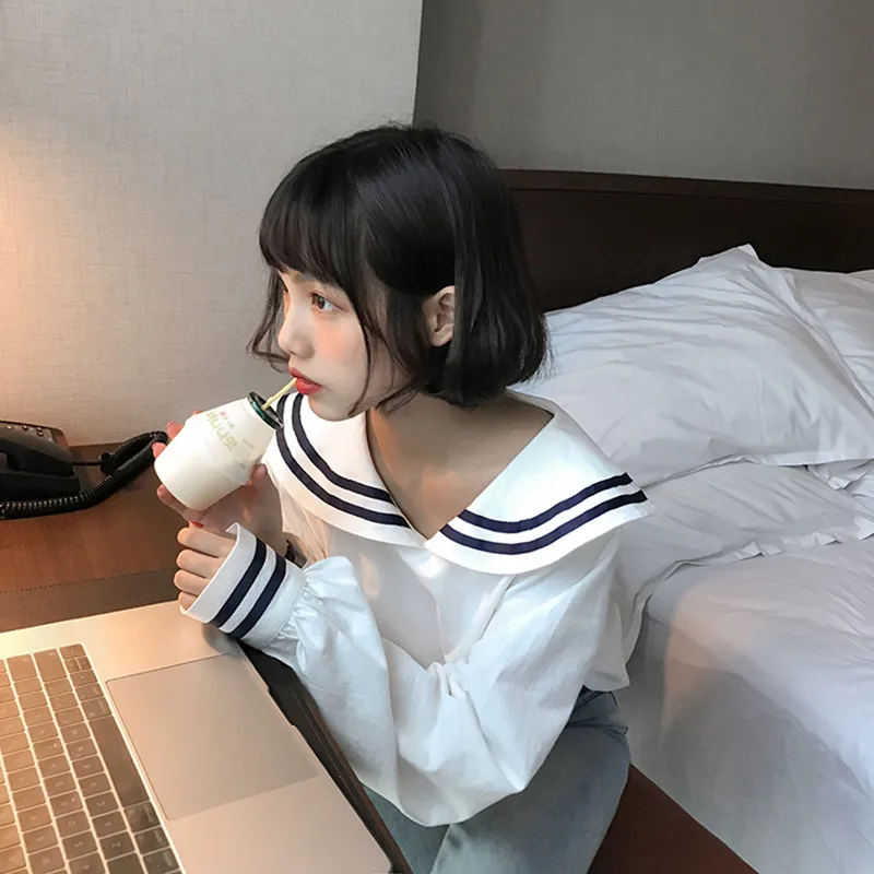 

2 colors 2018 Autumn women navy collar Long Sleeve Tops Blouse Female Casual Shirts womens (F3574)