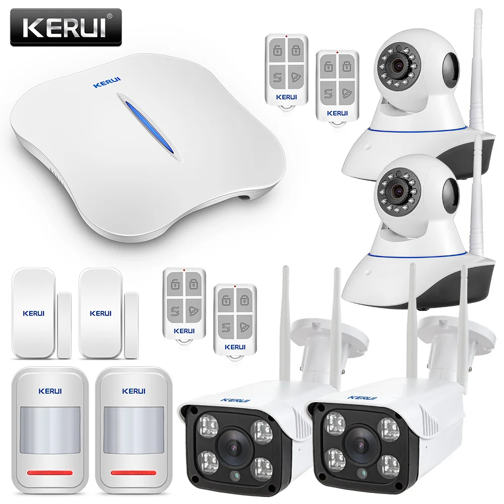 

KERUI WIFI Alarm Systems Security Home Burglar Alarm Systems Wireless Home Alarm With 2ps Indoor WIFI Camera + 2ps Outdoor Camra