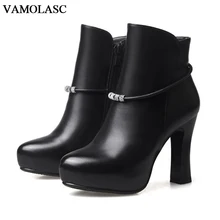 VAMOLASC New Fashion Women Autumn Winter Warm Leather Ankle Boots Sexy Zipper Square High Heel Martin Boots Platform Women Shoes