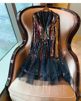 

Celebrity Women Rainbow Colorful Sequins knee Length Dress 2019 Oversized Female V Neck Mesh Net Lady Party Ball Dresses