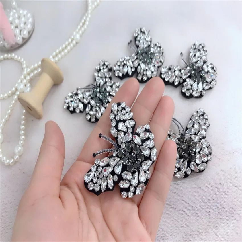 

4 Pcs Cute White Butterfly Patches Handmade Rhinestone Patches Sew On Sequined Pearl Patch For Blothing Beading Applique Craft