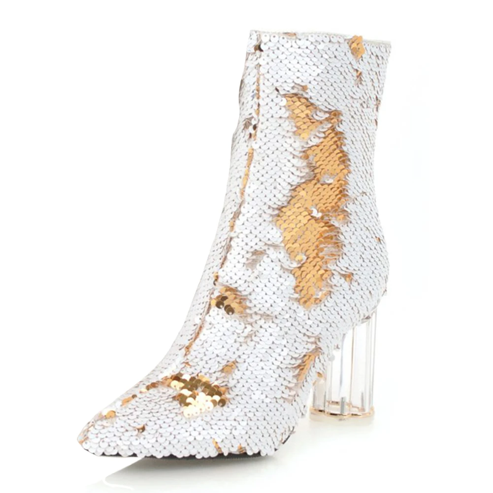 DoraTasia Fashion Sequined Cover Ankle Boots Female Autumn Winter Shoes Pointed Toe High Heels Boots Women Shoes - Цвет: white thin fur