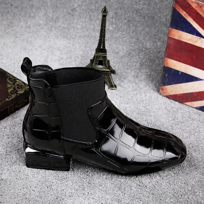 

2018 Chic Women Boots Shiny PU Leather Autumn Winter Shoes Woman Spuare Toe Block Heels Peluche Ankle Boots Female Botas Mujer