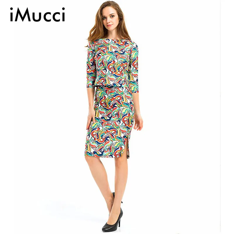 Casual 2 Piece Skirt Set Women Vintage Floral Print 3/4 Sleeve Crop Tops + Split Bodycon Midi