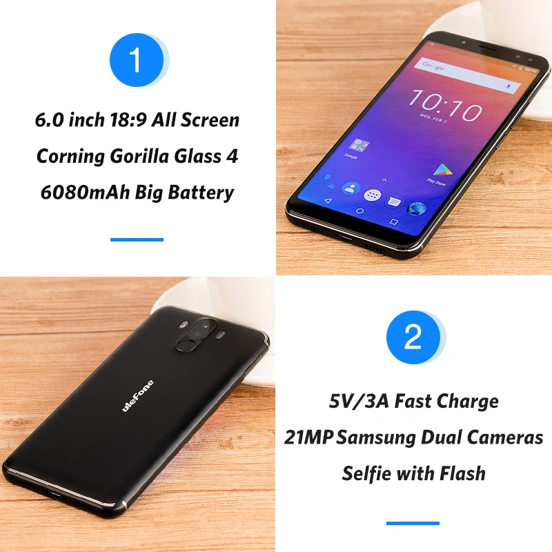 Ulefone Power 3 мобильный телефон 6 ГБ + 64 0 &quotэкран 6080 мАч Восьмиядерный 21 МП Quad Camera Face ID 4G