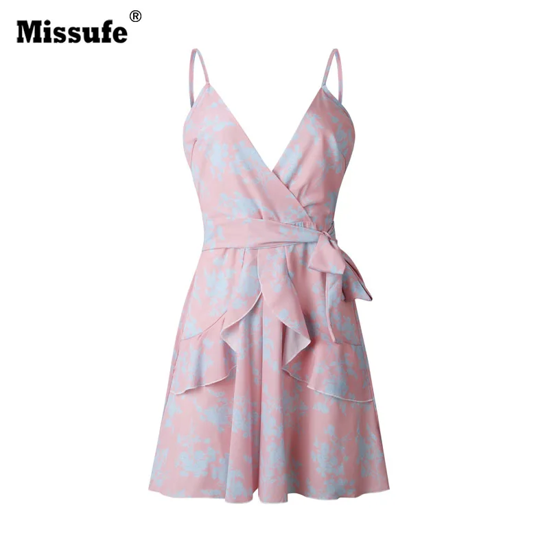 Missufe Sexy V Neck Boho Women Dress Spaghetti Strap Floral Print Mini Beach Wear Mini Dresses Female Sundress Summer Dresses