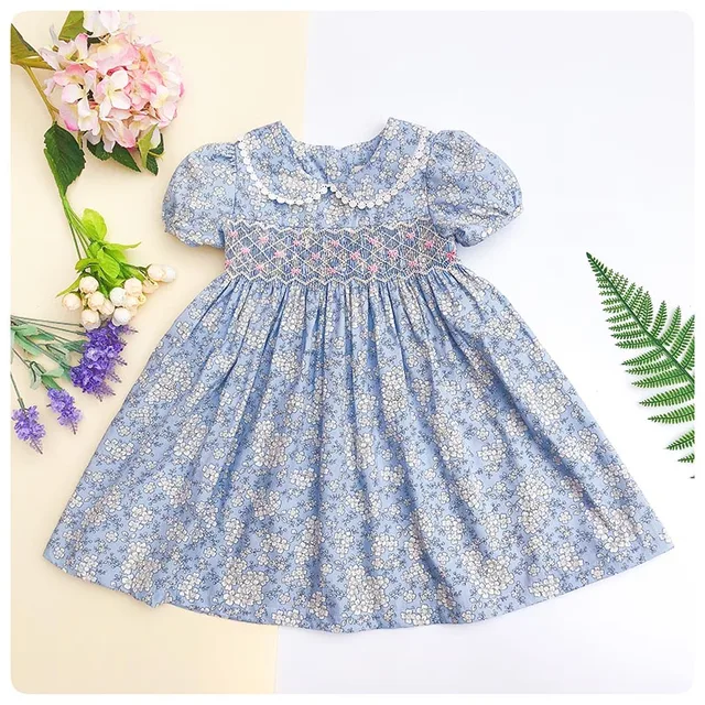 Toddler Girl 3 7 Years Smocked Dress Baby doll Blue Pink Floral Cotton ...