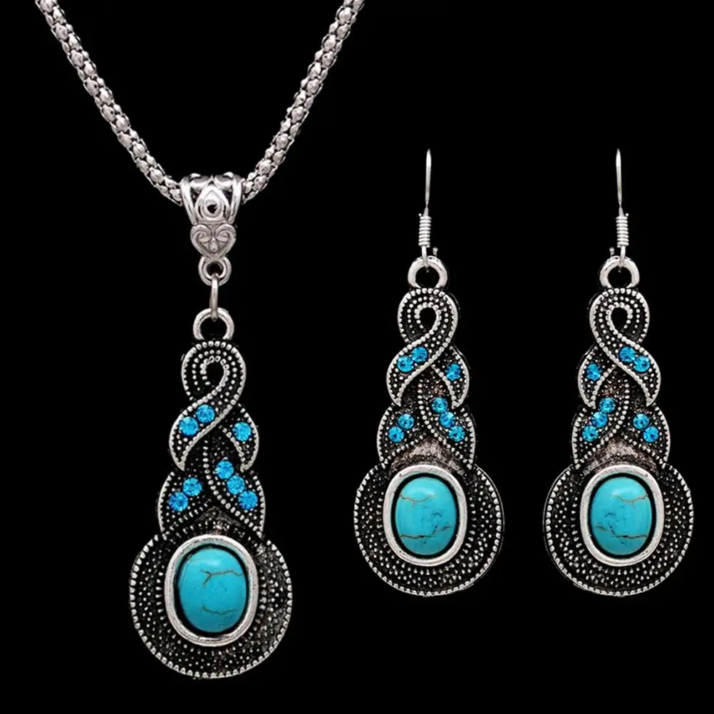 

Bohemia Resin Tibetan Silver Color CZ Crystal Chain Pendant Necklace Earring Set Resin Jewelry Sets For Women