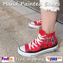 Вэнь ручная роспись красная обувь дизайн пользовательские Ходячие мертвецы женские мужские высокие холщовые кроссовки для рождественских подарков