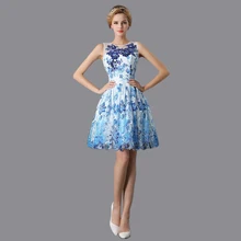 Vimans Vintage Scoop Ärmel Kurzarm Blau und Weiß Prom Kleider 2016 Lace Up Durchsichtig Party Kurzen Abendkleid LD409