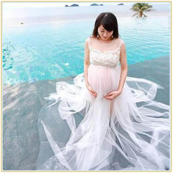 

OkayMom Maternity Photography Props Fancy Pregnancy Dress Photo Shoot White Gauze Long Lace Dress Clothes For Pregnant Women