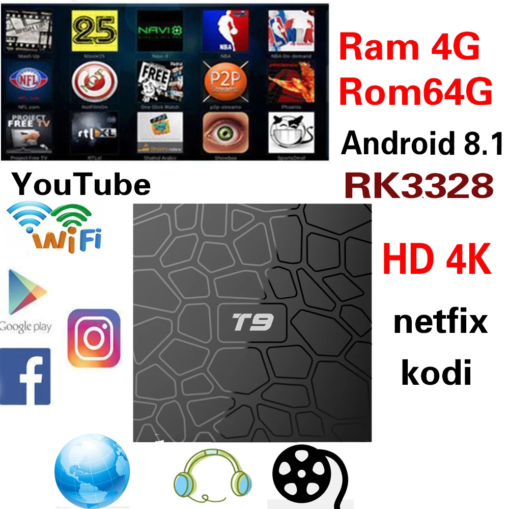 

smart tv box android T9 TV BOX RK3328 Quadcore cortex-A53 4G64G Android 8.1 tvbox