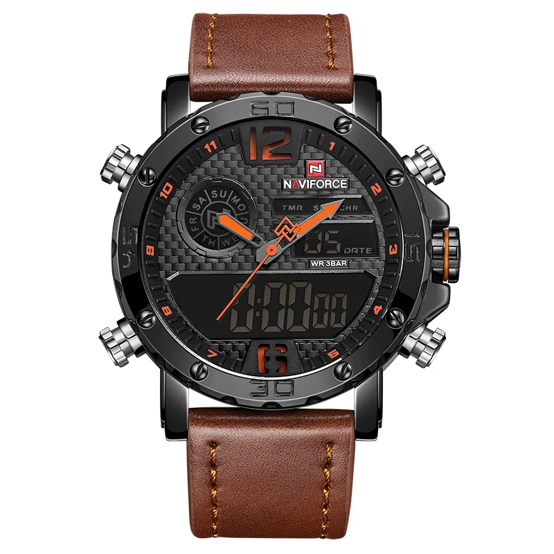 Мужские часы Топ бренд класса люкс мужские кожаные спортивные часы NAVIFORCE Мужские кварцевые светодиодный цифровые часы водонепроницаемые военные наручные часы