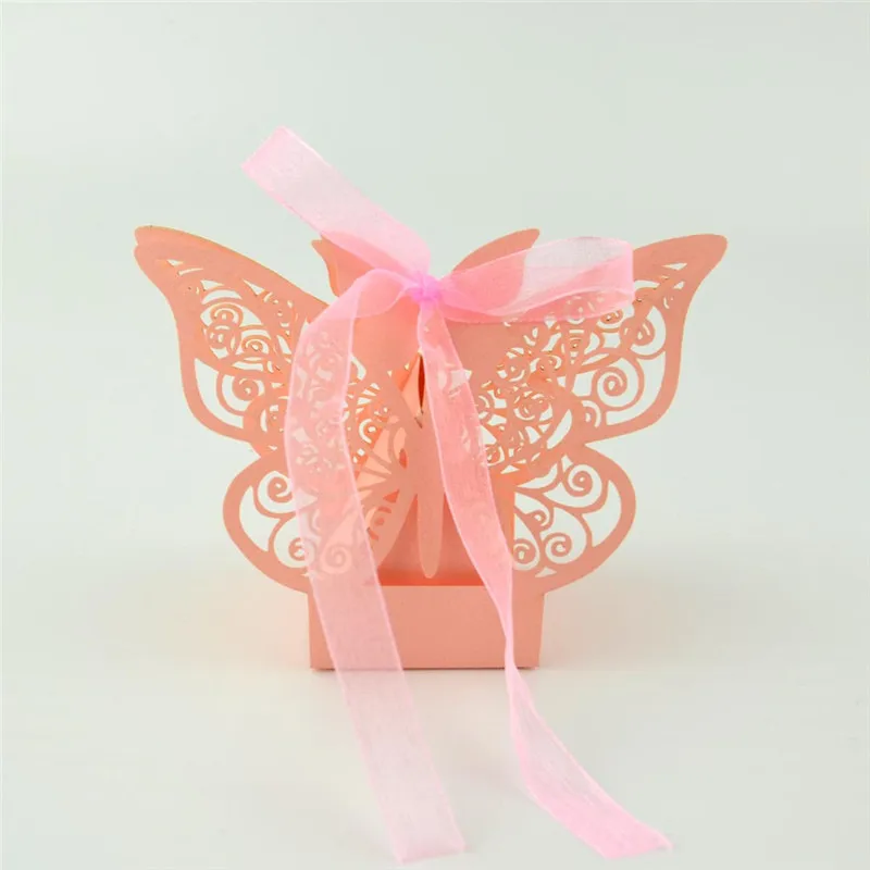 10 шт бабочка Лазерная резка полые перевозки сувениры подарочной коробке драже коробка для конфет с лентой-деко Mariage Свадебная коробка конфет - Цвет: pink Butterfly