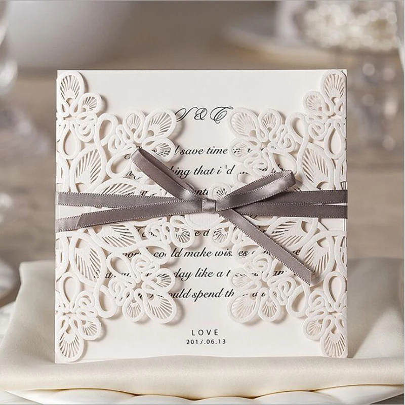 

New Arrival Vertical Laser Cut Flower with Coffee Bowknot Wedding Invitations, 50 pcs/lot